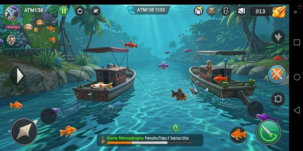 Screenshot gameplay ATM138 menampilkan pemain sedang memancing di lokasi indah.