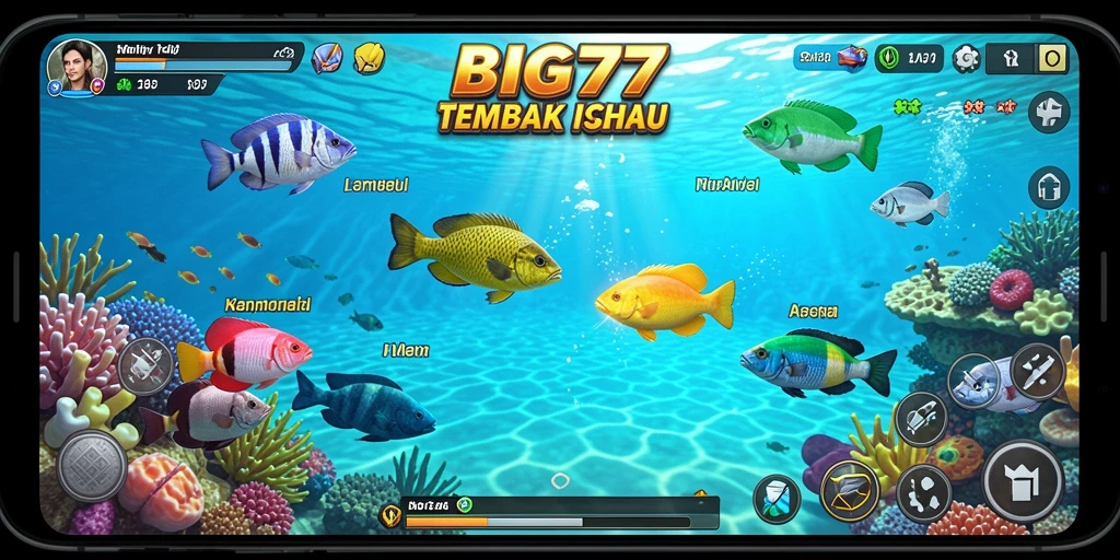 Tampilan gameplay seru dalam BIG77 menembak ikan di lautan yang indah.