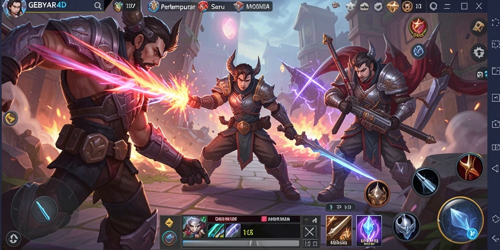 Tampilan pergulatan karakter dalam GEBYAR4D dengan aksi MOBA seru.