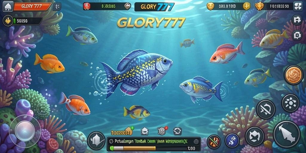 Tangkapan layar menunjukkan aksi menembak ikan yang seru di GLORY777.