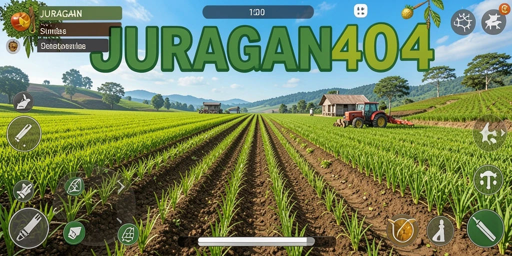 Screenshot utama JURAGAN404 menampilkan ladang pertanian yang subur.