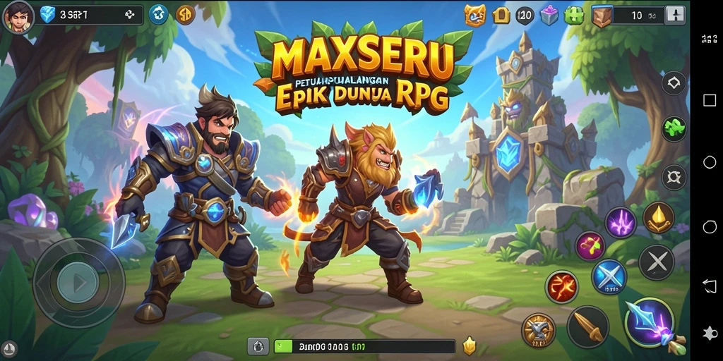 Tangkapan layar gameplay MAXSERU yang menampilkan pertempuran seru di dunia fantasi.