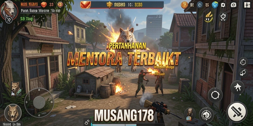Tampilan gameplay MUSANG178 dengan menara dan serangan musuh.