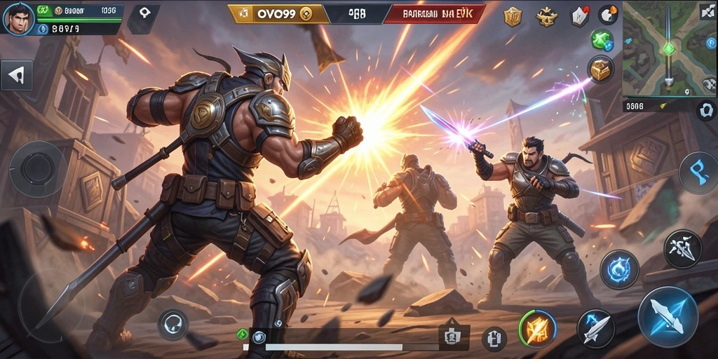 Menampilkan gameplay OVO99 yang menegangkan dalam pertarungan Battle Royale.