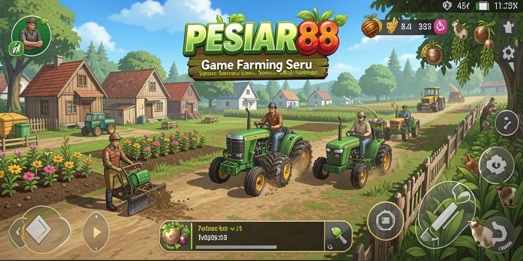 Tampilan gameplay PESIAR88 dengan kebun dan hewan ternak.