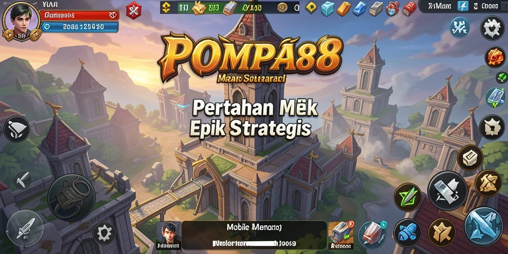 Tampilan gameplay POMPA88 yang menampilkan menara pertahanan melawan serangan musuh.