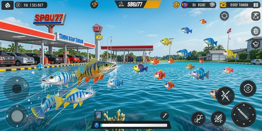 Screenshot utama SPBU77 menampilkan aksi menembak ikan yang seru.