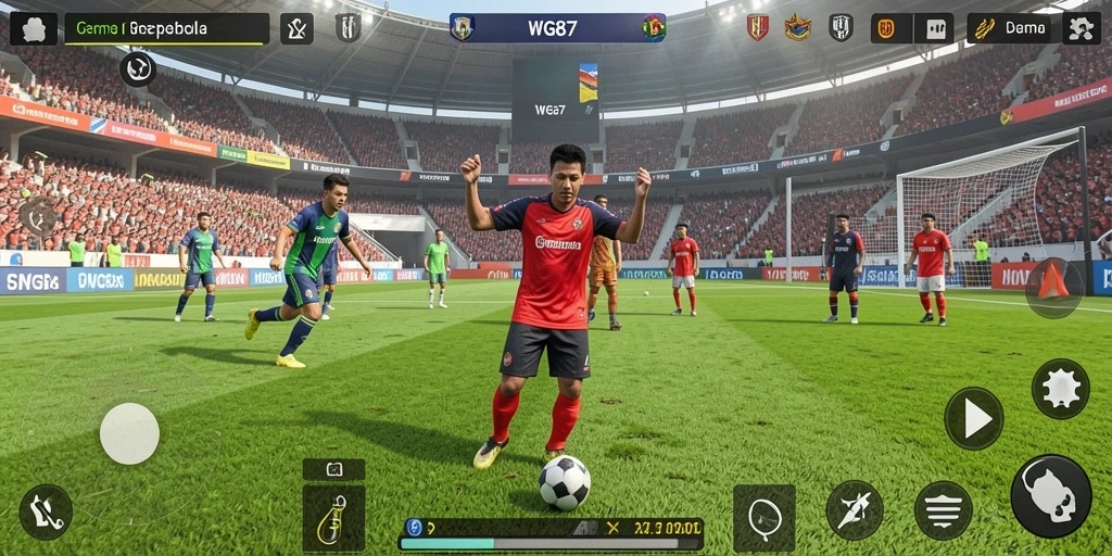 Tampilan gameplay WG87 dengan aksi sepak bola yang intens.